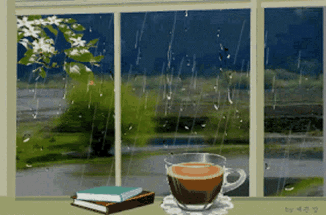 a cup of coffee sits on a table in front of a window