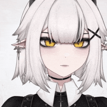 a girl with white hair and yellow eyes is wearing a choker and earrings