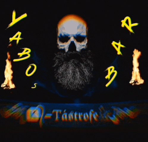 a skull with a beard is surrounded by flames and the word tatrofe on the bottom right
