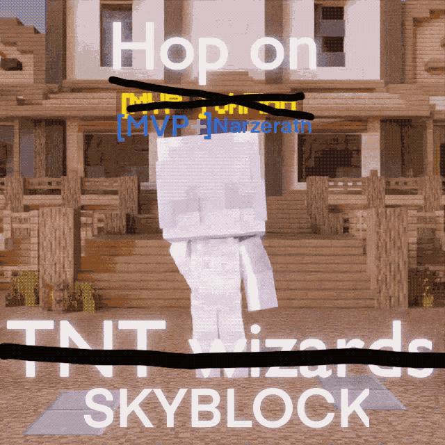 a white minecraft character stands in front of a building that says hop on