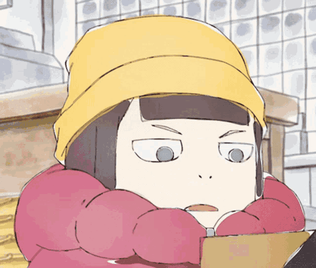 a drawing of a girl wearing a yellow hat and a pink jacket