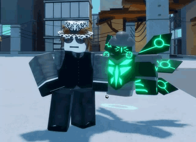 a cartoon character wearing sunglasses and a hat stands next to a green robot with wings