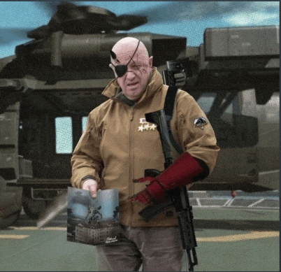 a man in a military uniform holds a gun and a book that says ' military ' on it