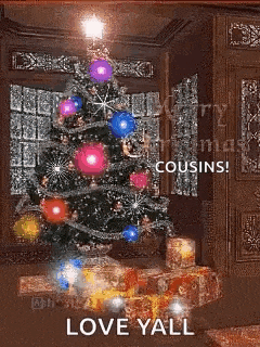 a christmas tree in a living room with gifts underneath it and the words `` love yall '' .