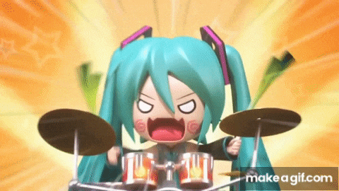 a cartoon character is playing drums and making a funny face .