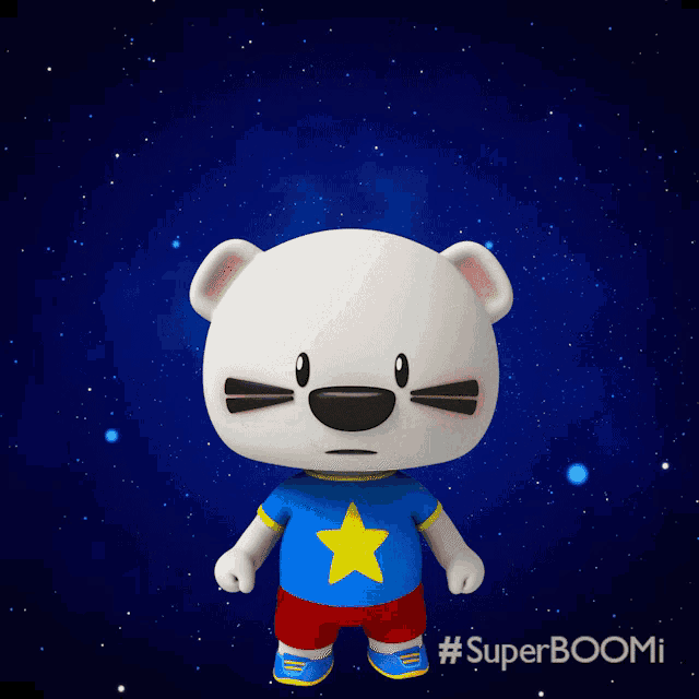 a cartoon character with a blue shirt with a yellow star on it and red shorts