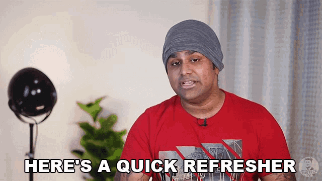 a man says here 's a quick refresher while wearing a red shirt