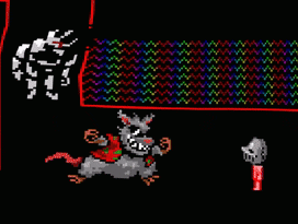 a pixel art of a rat and a skull with a rainbow background