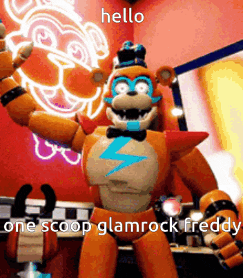 a cartoon character from five nights at freddy 's says hello one scoop glamrock freddy .