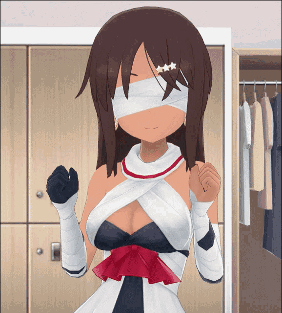 a girl with blindfolds on her eyes is in a closet
