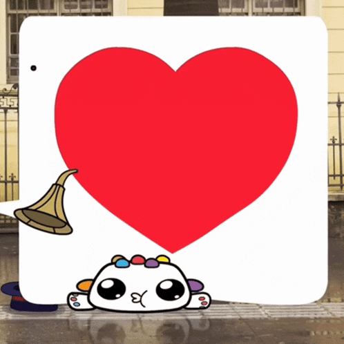 a cartoon character holding a red heart with a trumpet behind it