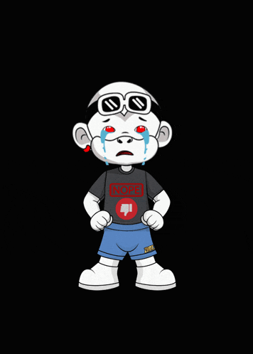 a cartoon character is crying and wearing a shirt that says " nope "
