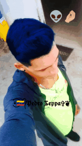 a man with blue hair has the name pedro teppat on his shirt