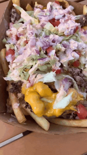 a close up of a box of french fries with a lot of toppings on them