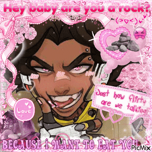 a picture of a cartoon character with the words hey baby are you a rock