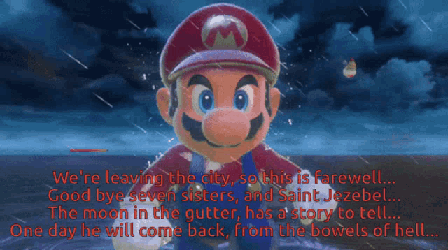 a cartoon of mario says we 're leaving the city