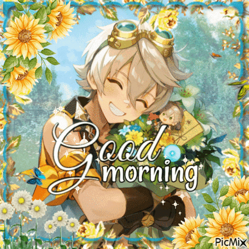 a picture of a boy holding flowers and the words good morning