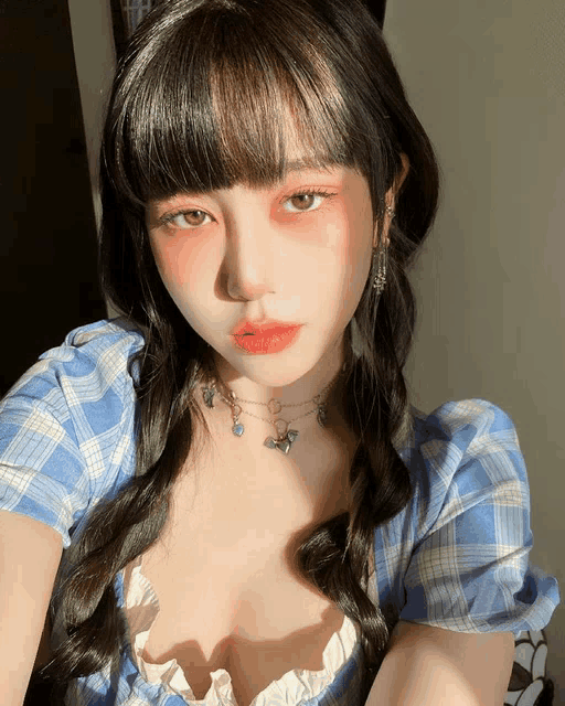 a woman wearing a blue plaid shirt and a necklace