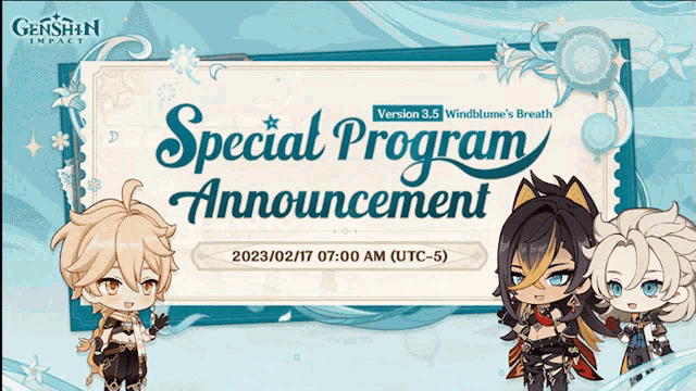 a poster for genshin impact announces a special program announcement