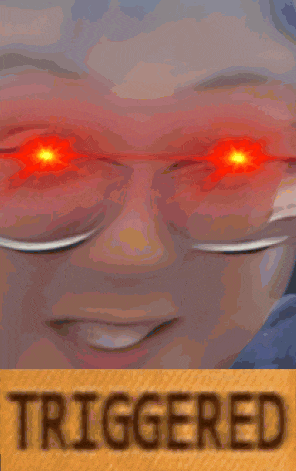 a close up of a person with red eyes and the word triggered on the bottom