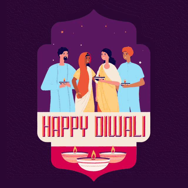 a happy diwali greeting card with a group of people and candles