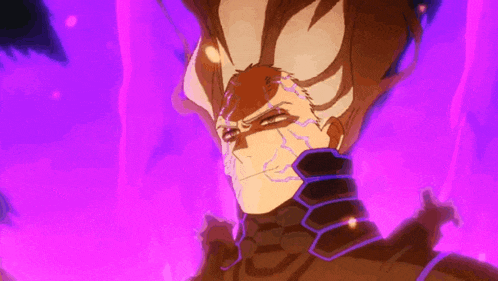 a close up of a person 's face with a purple background and a purple lightning bolt coming out of it .