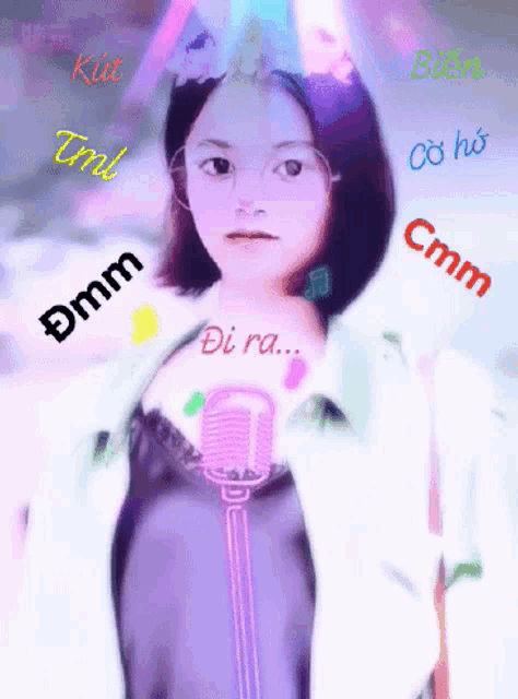 a girl with a microphone on her chest is surrounded by words like dmm
