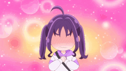 a girl with purple hair is covering her face with her hands in front of a pink background