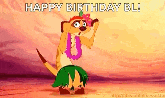 a meerkat from the lion king is wearing a hula skirt and lei and dancing on the beach .