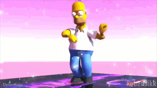 homer simpson from the simpsons is dancing on a pink and purple background