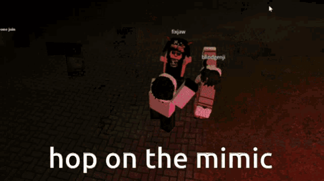 a screenshot of a video game with the words hop on the mimic at the top