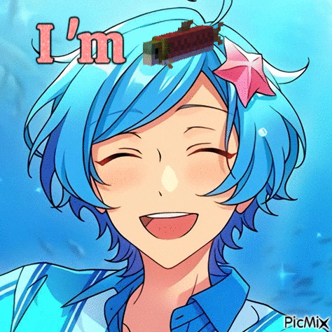 a blue haired anime character with a minecraft block on his head .