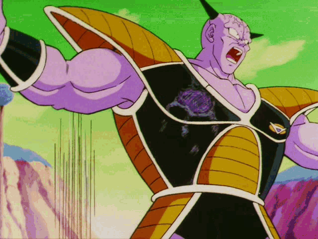 a cartoon character with horns and a purple and yellow outfit