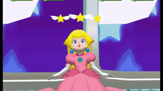 princess peach is in a video game with three stars above her