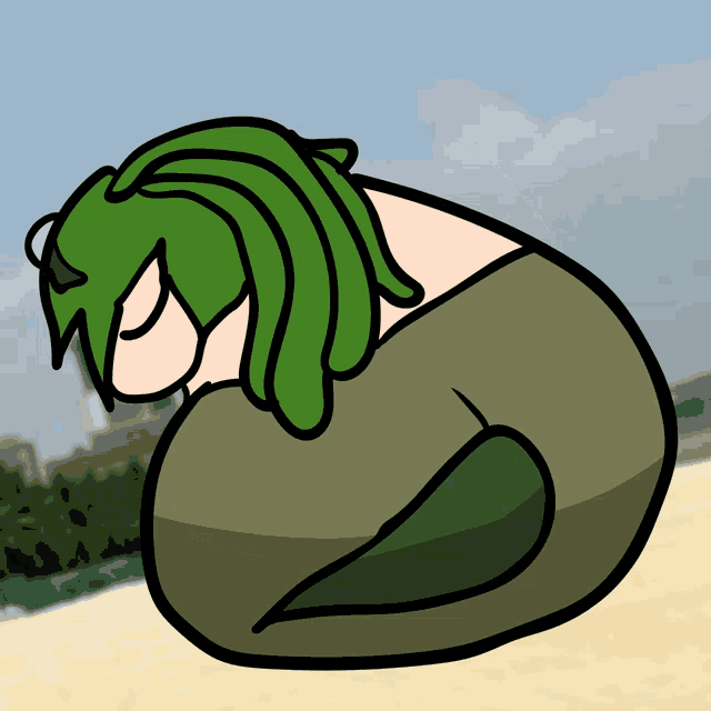 a drawing of a person with green hair laying on the ground