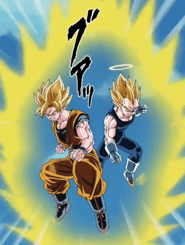 a cartoon of goku and vegeta fighting each other with a blue background