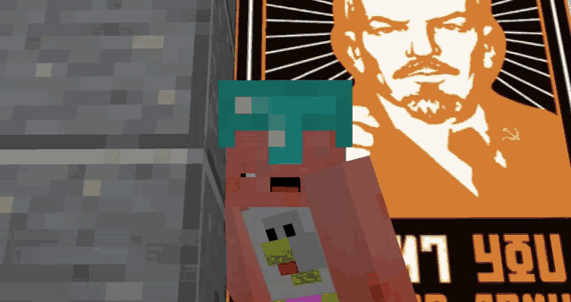 a minecraft character standing in front of a poster of lenin