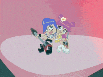 a couple of cartoon characters are standing on a stage