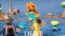 a robot and a rabbit are standing in the water with the words i have written on the bottom of the screen .