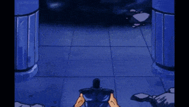 a silhouette of a man in a dark room with purple lightning coming out of him