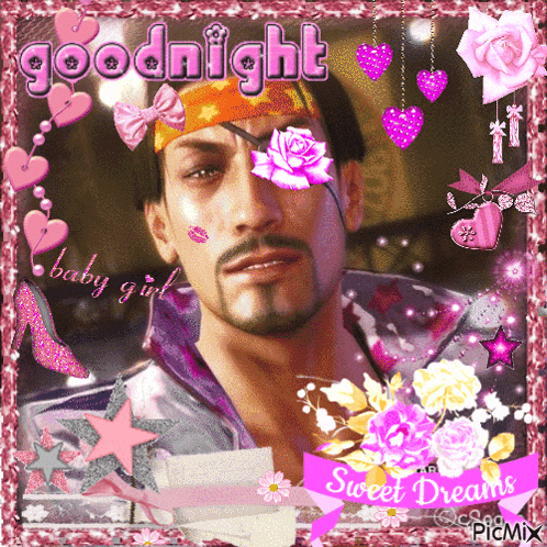 a picture of a man with a bandana on his eye and the words goodnight baby girl