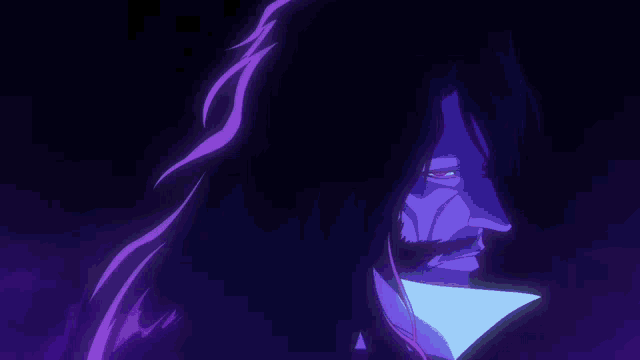 a man with long purple hair and a blue collar