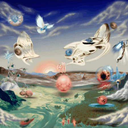 a painting of a landscape with a few birds flying over it