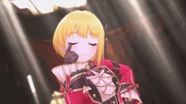 a girl with blonde hair and a red and black outfit