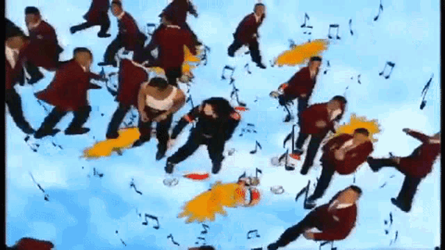 a bunch of people are dancing in the air with music notes falling from the sky