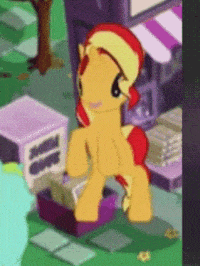 a pony from my little pony is standing next to a box that says ' shimmer ' on it