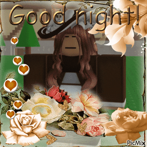 a picture of a girl surrounded by flowers and hearts says good night