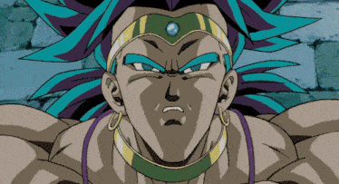 a close up of a cartoon character with a purple and blue hair
