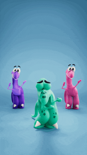 three cartoon dinosaurs are standing next to each other on a blue surface