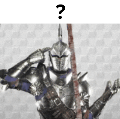 a knight in armor is holding a spear and a question mark .